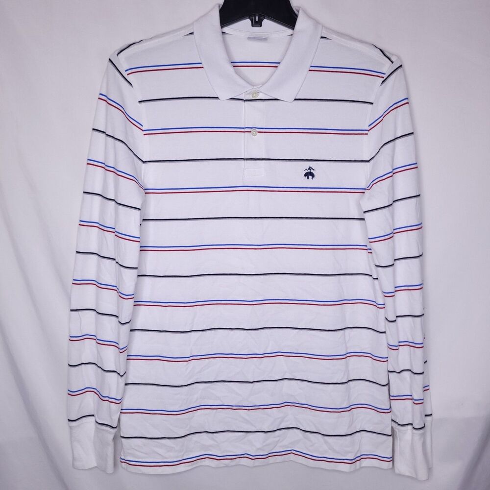 Brooks Brothers Polo Shirt Mens Large Striped White, Blue, Red Long Sleeve Slim
